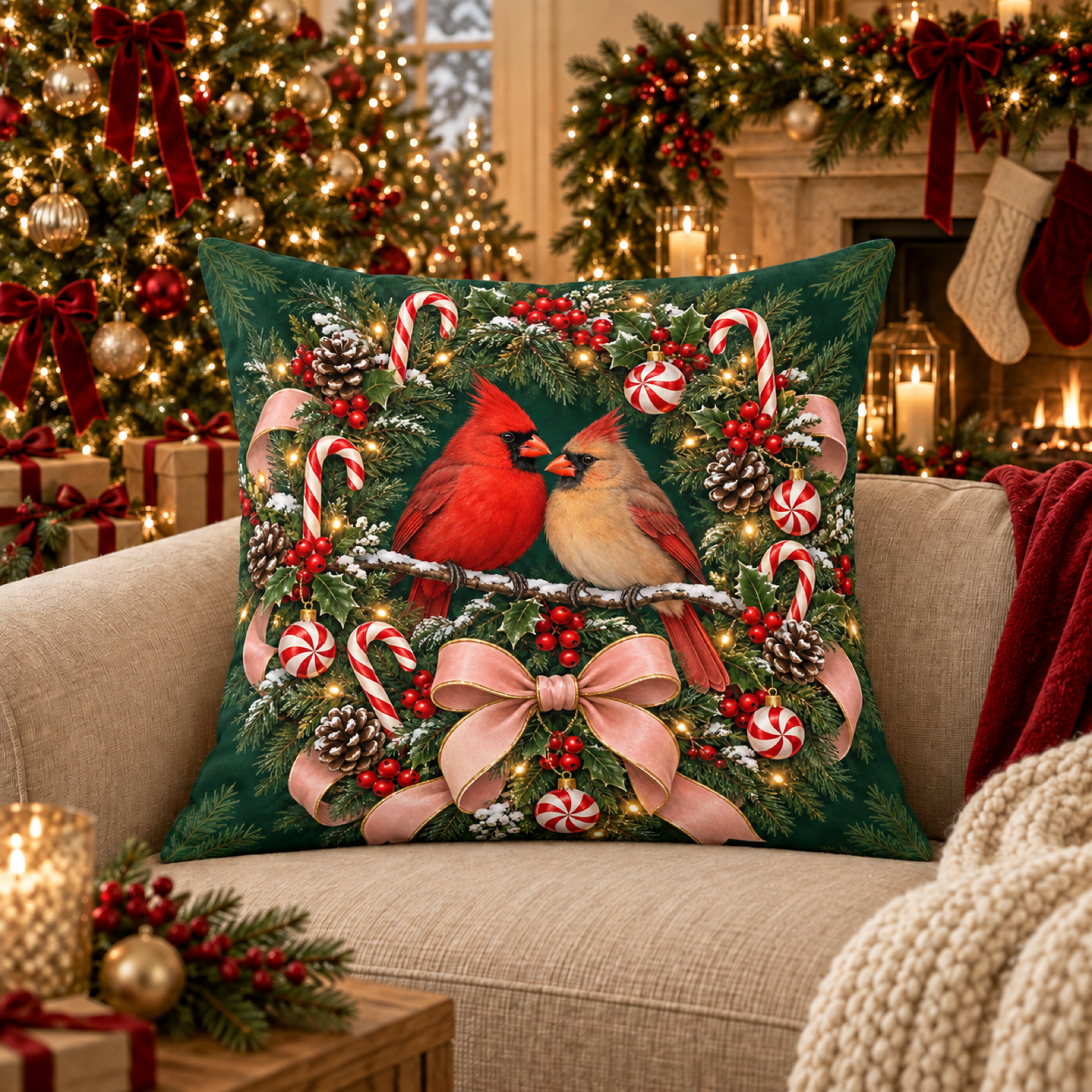 Cardinal Pair Candy Wreath pillow cover