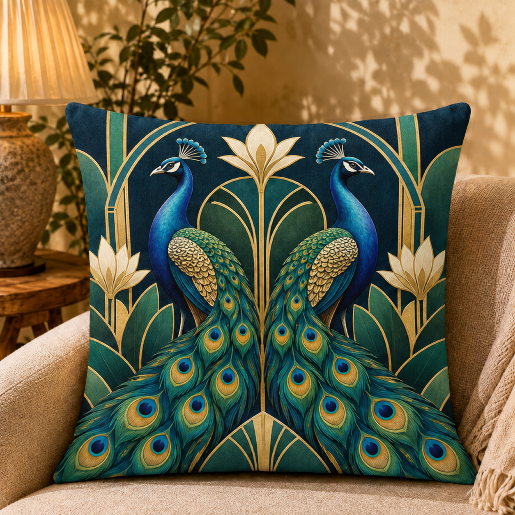 Deco Peacock Pair pillow cover styled in a room